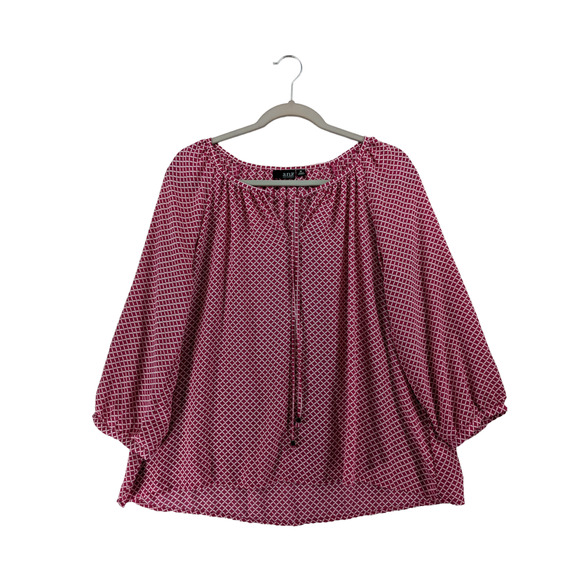 ANA Tunic Blouse M Pink Printed Hi Low V Split Neck Tie Front Office Relaxed Fit - Picture 2 of 12